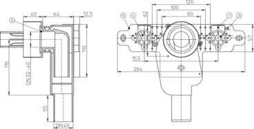 Waschtisch-Einbau-Siphon-Montagegruppe DN40 bestehend aus HL134.0, HL44, 2 Wandscheiben, HL42.B und HL42.R HL134/40